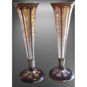 coppia di grandi vasi antichi epoca Napoleone III in cristallo di Boemia con decoro rosso e oro