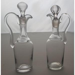 Coppia boccette antiche per olio e aceto in vetro soffiato