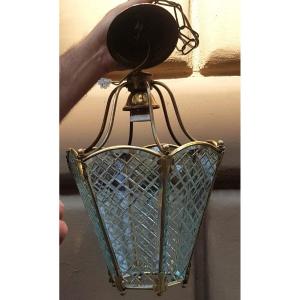 Antica lanterna da ingresso in cristallo e ottone