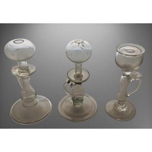 Lotto di tre lampade ad olio antiche  in vetro soffiato del XIX secolo