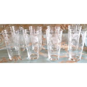 set di 8 antichi bicchieri da bibita Art Nouveau in cristallo inciso con decoro floreale 