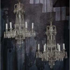 Coppia di antichi lampadari in cristallo di Boemia a 6 luci 