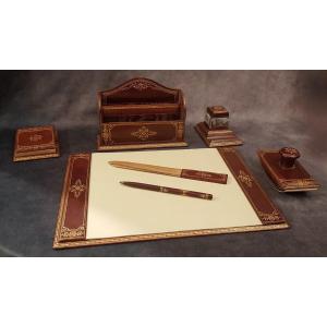 Set da scrivania antico un pelle con fregi oro, 7 elementi