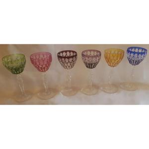 serie di 6 antichi bicchieri da aperitivo in cristallo arlecchino di Lorena