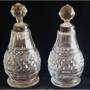coppia di ampolle antiche, flaconi in cristallo molato a punte di diamante