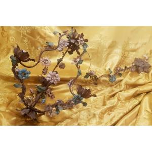 piccolo lampadario antico fiorentino in ferro con fiori e foglie policromi