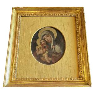 Dipinto antico a olio su rame raffigurante la Vergine con il Bambino Gesù, con cornice dorata