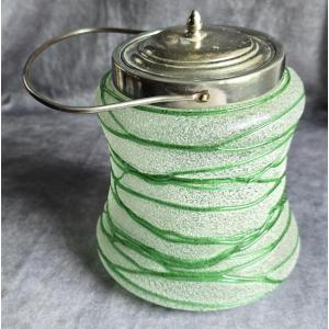 Antico secchiello per biscotti ivetro boemo Pallme‑Konig,  decoro  filigrana verde – circa 1900