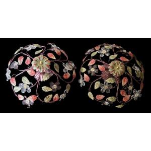 coppia di antiche plafoniere in ferro e cristalli, artigianato fiorentino, circa 1960