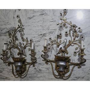 Grande coppia di applique antiche con pappagallo in ferro e cristallo, Banci, anni 1980