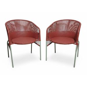 Coppia di poltroncine moderniste in acciaio e fettuccia di nylon