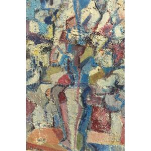 Quadro, olio su tela, mazzo di fiori, Marcella Fratelli, 1962, incorniciato, cm 75 × 96,5