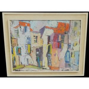 Quadro ad olio, paesaggio astratto di Marcella Fratelli 1962, incorniciato cm 95x75,5