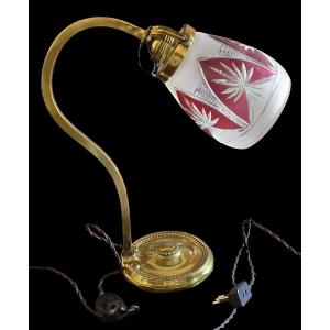 Lampada da tavolo antica  in ottone con abat-jour in cristallo molato, inizio '900