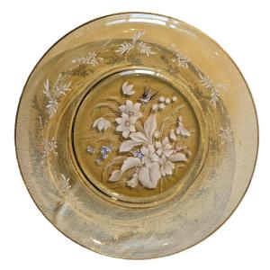 Antico piatto in vetro con decoro floreale a smalto, Francia finne '800