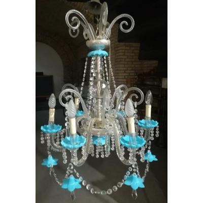 lampadario antico  cristallo di Boemia 6 luci  bobèches e fiori opalina turchese