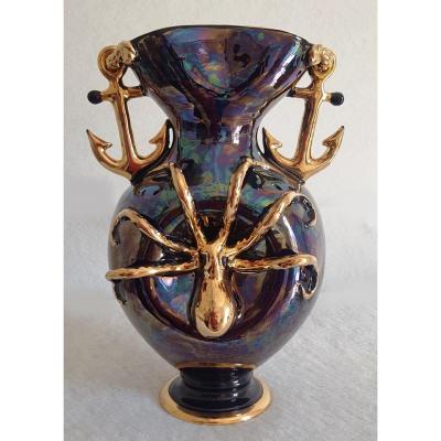Grand Vase Faience Etruria XX S Années '50 Ancre, Octopus Et Autres Symbole Marins H 34 Cm