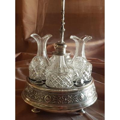 Huilier Ancien En Argent Massif 4 Flacons En Cristal De Bohème Taillé, Mitteleurope XIX S