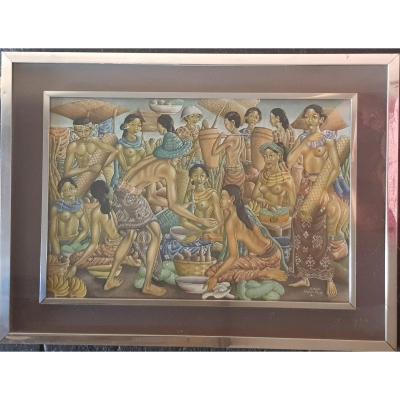 Tableau Peint Sur Tissu Signé Par l'Artiste Indonésien Wayan Dolik Bali 77x57 (59x39) Cm