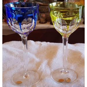  Paire De Verres Calice En Cristal Coloré Moser Cm 19,,5  H