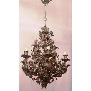  Lustre Ancien Artisanat Florentin En Fer Corbeille De Fleurs Polichrome 