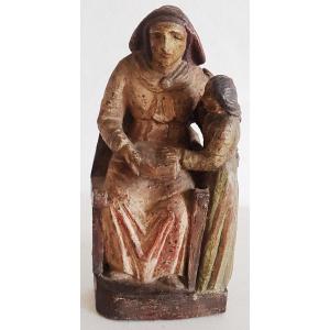 Ancienne Statue En Bois Sculpté Polychrome Début XIX S Sainte Anne Et Sa Fille La Vierge Marie