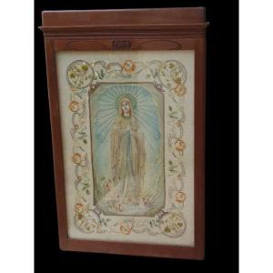 Vierge De Fatima Tableau Peint Et Brodé  Art Nouveau