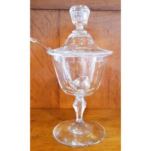 Petite Potiche Ancienne Avec Cuillère En Cristal Taillé H 21 Cm