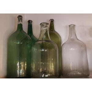 Insieme di 5 grandi bottiglioni antichi '800 vetro soffiato