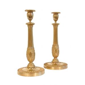 A Pair Of Charles X Gilt-bronze Candlesticks. Circa 1820. 