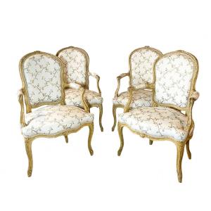 A Set Of Four Louis XV Painted Armchairs. Mid 18th Century. 