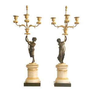 A Pair Of Louis XVI Bronze And Marble Candelabra. Circa 1790.