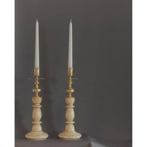 A Pair Of Louis III Style Bone Veneer And Polished Brass Candlesticks.