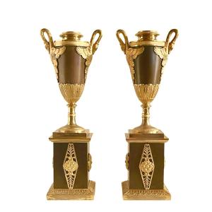 A Pair Of Empire Gilt-bronze And  Patinated-bronze Candlesticks. Early 19th Century. 