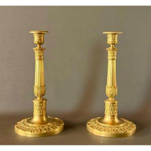 A Pair Of Empire  Gilt-bronze Candlesticks . Early 19th Century. 