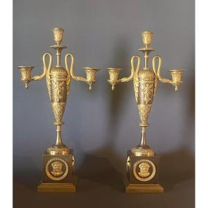 An Important Pair Of Empire Three-light Candelabra Attributed To Claude Galle. 