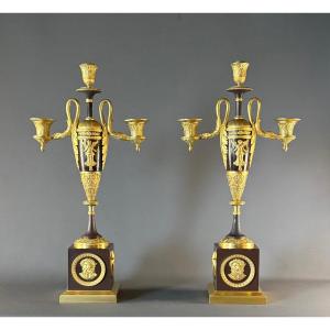 An Important Pair Of Empire Three-light Candelabra Attributed To Claude Galle. 