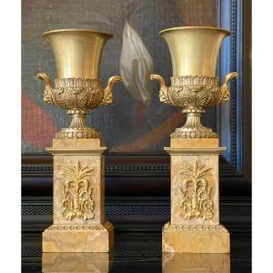 A Pair Of Large Charles X Gilt-bronze Medici Vases. Circa 1820.