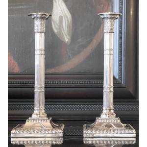 A Pair Of Large George III Style Silver-plated Candlesticks. Circa 1880.