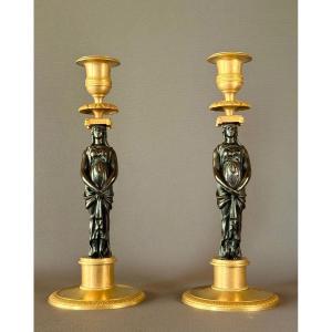Pair Of Consulat Gilt And Patinated Bronze Candlesticks, Circa 1800