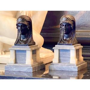 A Pair Of Empire Patinated Bronze Figures Depicting Egyptian Female Heads