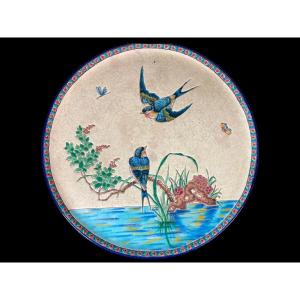 Longwy, Round Polychrome Enamel Dish Birds Decor Around 1900