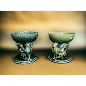 Castel Léon, Pair Of Green Earthenware Cups Signed Early 20th Century