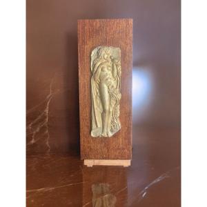 Plaster Sculpture Woman With Bird On Wood Signed Roussov 20th