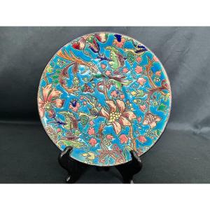 Longwy, Small Enamel Plate With Floral Decoration, 19th Century