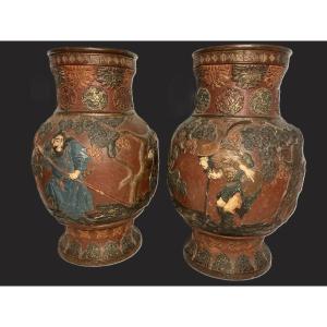 Japan Pair Of Stoneware Vases With Character Decor, Late 19th Century