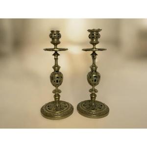 Pair Of Bronze Candlesticks Chiseled With Foliage, 19th Century