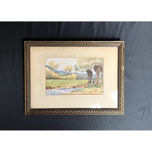 Paulini, Watercolor Animated Landscape Framed Early 20th Century