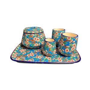 Longwy, Cherry Blossom Glazed Earthenware Smoking Set, Early 20th Century