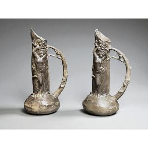 Art Nouveau Pair Of Pewter Vases Signed W. Hering Circa 1900